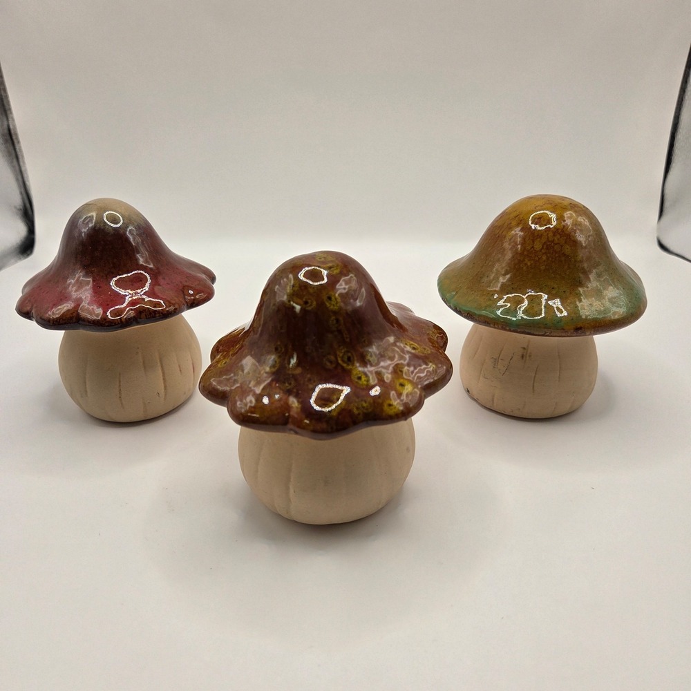 4" Mushroom Decor Figurine Drip Glaze Ceramic Pottery Lot‎ Of 3 Green Red Brown